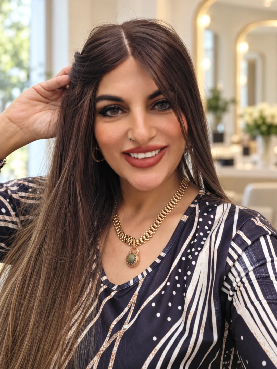 טליה צעידי בסטודיו, מחייכת למצלמה בשמלה כחולה כהה